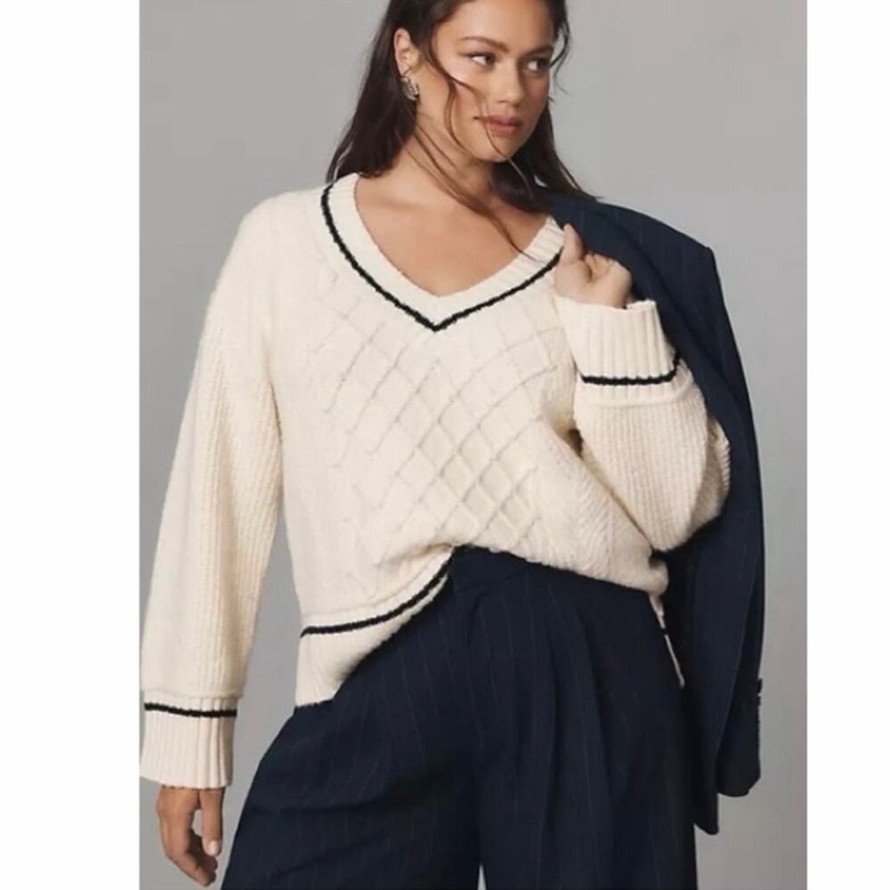 Maeve by Anthropologie V Neck Cable-Knit Sweater Medium EUC